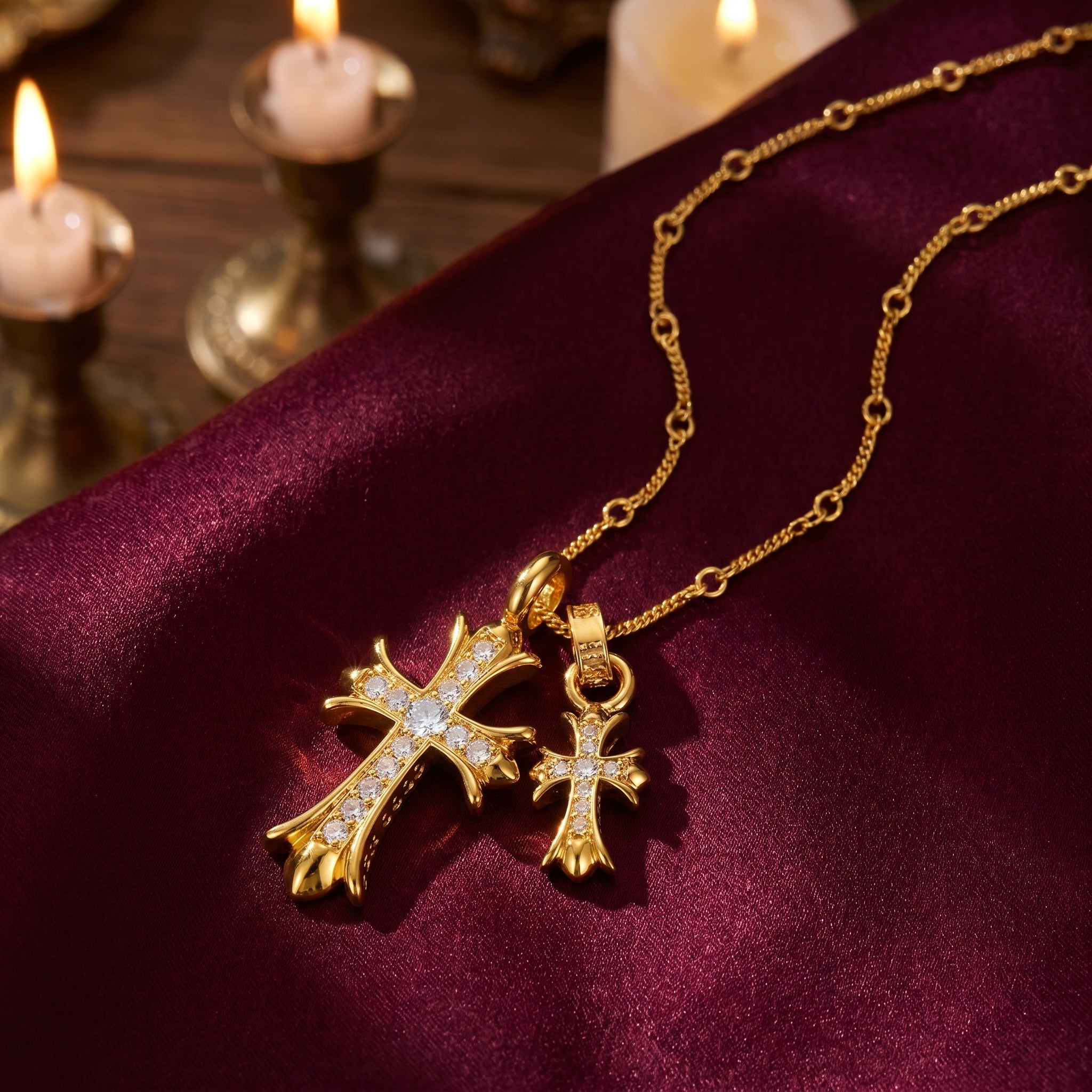 Gold Double Cross Pendant Necklace