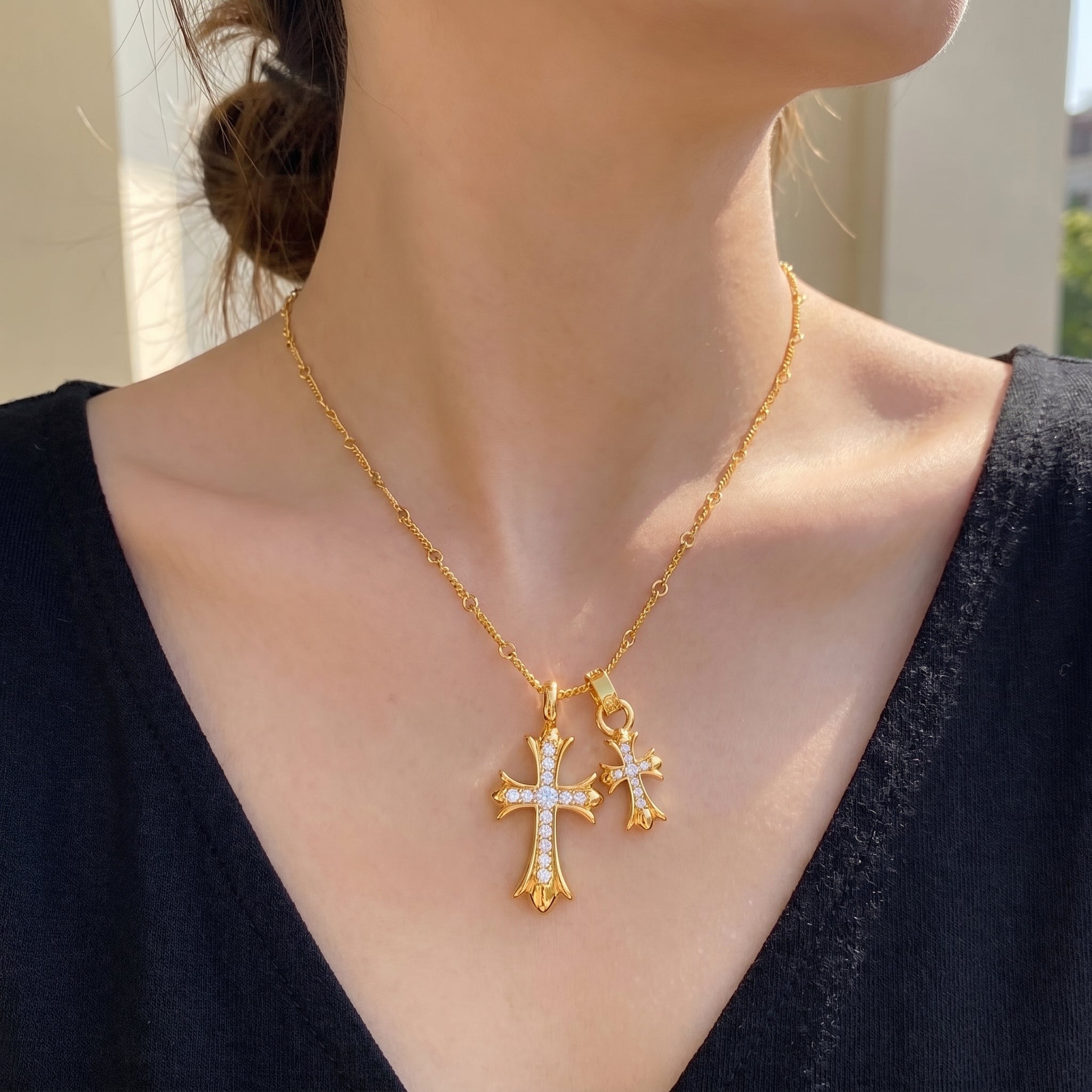 Gold Double Cross Pendant Necklace