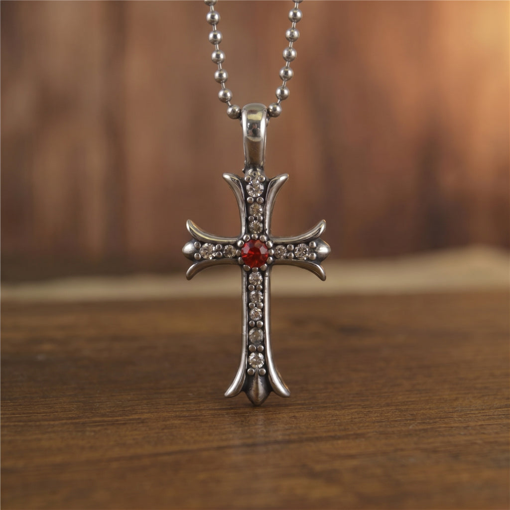 Vintage Silver Cross with Red Gem Necklace