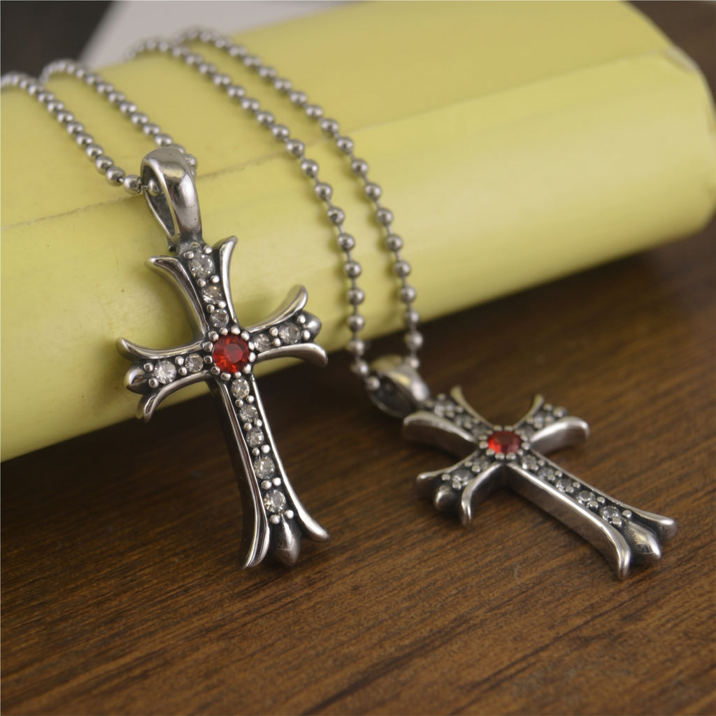 Vintage Silver Cross with Red Gem Necklace